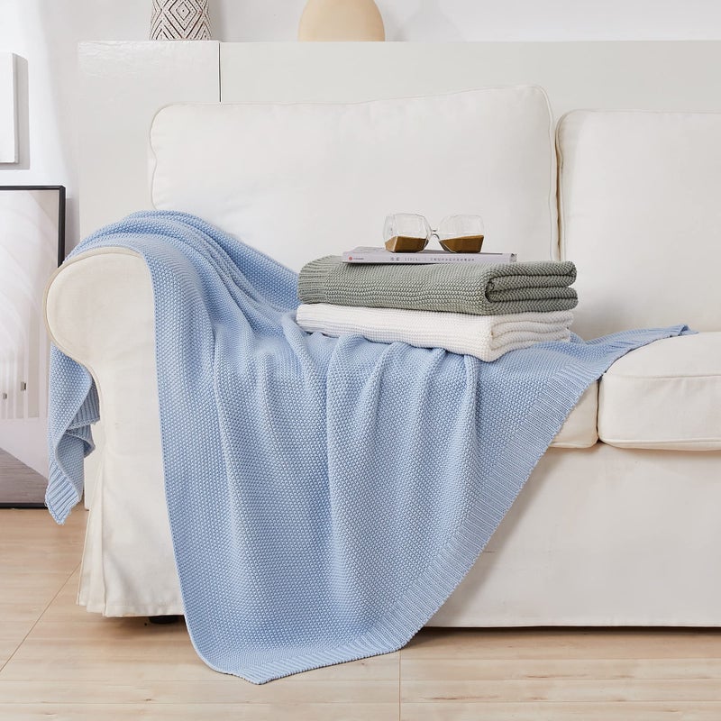 Longhui bedding 100% Cotton Light Blue Lightweight Cable Knit Throw Blanket for Couch Sofa Bed Home DÃ©cor Bonus Laundering Bag â€“ Large 60 x 80 Inch, Machine Washable, Blue Color - Image 5